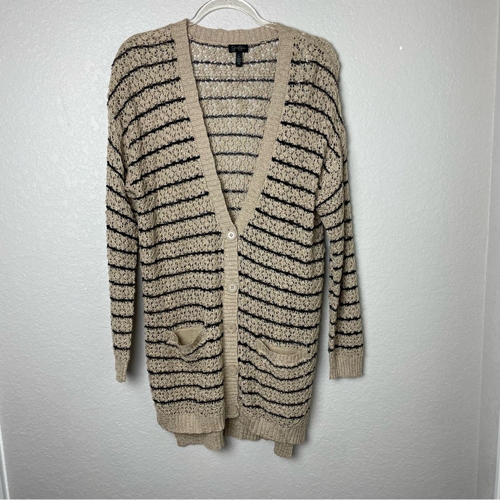 Jessica Simpson Cozy Beige and Black Tunic Length Striped Cardigan Size L